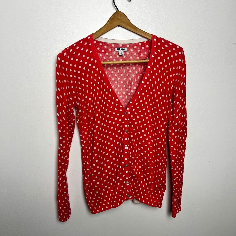 Old‎ Navy Coral White Polka Dot V Neck Button Cardigan Sweater Women's M